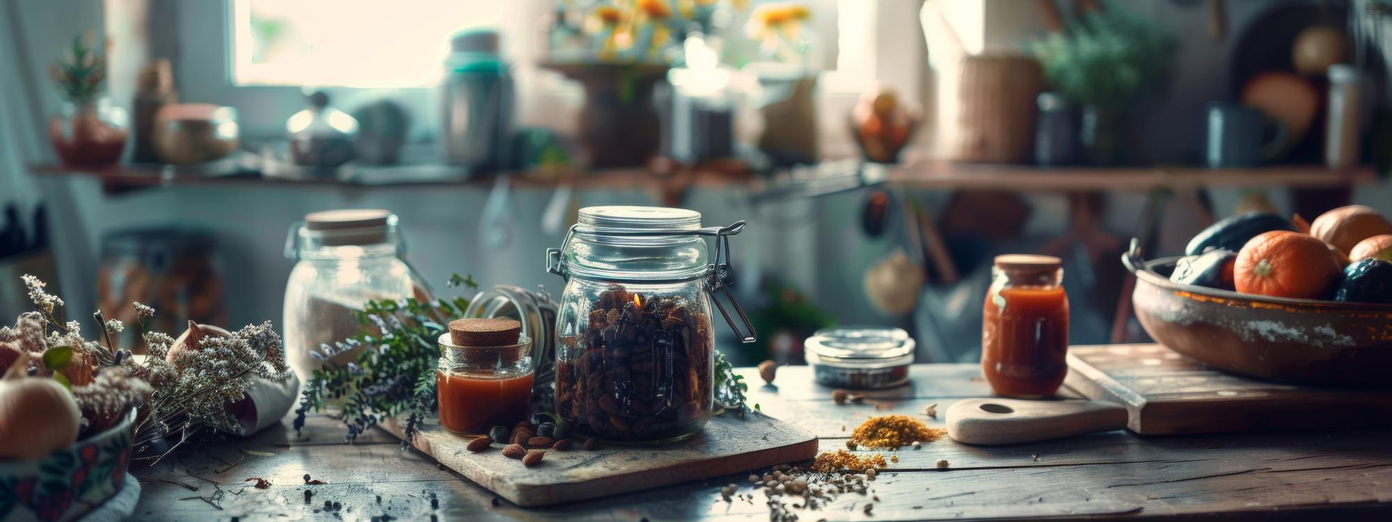 Studio countertop with tools and herbs